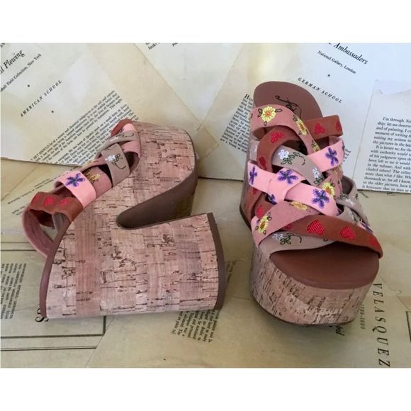 Free People Lisbon Platform Mules Sandal Embroidery Tan Multi Cork - Picture 9 of 10